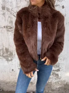 Women Luxurious Faux Fur Jacket High Collar Zipper Closure Loose Fit Thick Warm Autumn Winter Casual Coat Plush Top For Women
