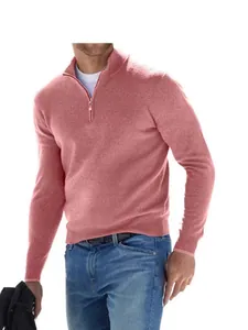 Jersey informal de manga larga con cremallera corta para hombre en rosa coral, invierno
