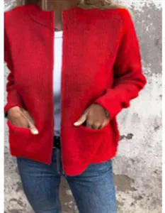 Detailansicht einer roten Strickjacke mit Stehkragen, Reißverschluss und Taschen.