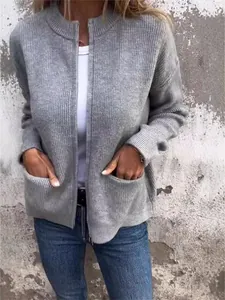 Chaqueta Casual de Cuello Alto para Mujer Abrigo Suelto de Poliéster Patchwork Con Bolsillos Moda Otoño Invierno
