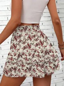 Back view of bohemian floral print tiered skort with elastic high waist for summer fashion
