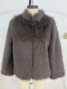 Elegant high collar faux fur jacket with front zipper for autumn and winter wear