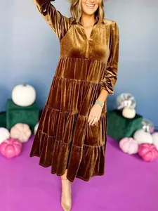 Elegant brown V-neck velvet tiered midi dress with long sleeves for autumn season