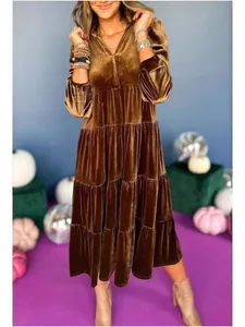 Elegant brown velvet V-neck tiered ruffled long dress with loose fit for women