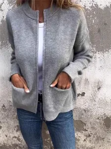 Damen Mode Casual Stehkragen Reißverschluss Grobstrickjacke Lose Einfarbig Langarm Cardigan Oberbekleidung Mit Taschen