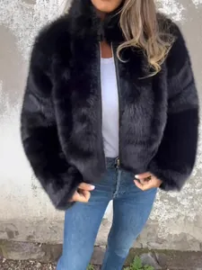 Stylish black faux fur jacket with high collar and zipper for autumn and winter seasons