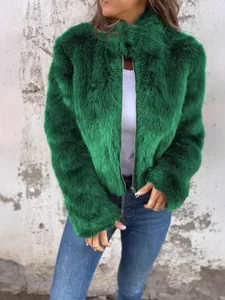 Stylish emerald green faux fur jacket with high collar and zipper for autumn winter