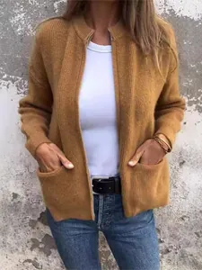 Chaqueta de punto casual para mujer con cuello alto, cremallera, ajuste holgado y bolsillos