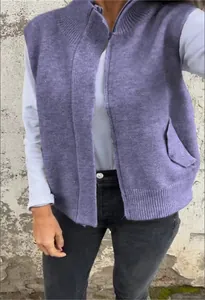 Casual purple knitted zip-up vest with stand collar and pocket detail for women
