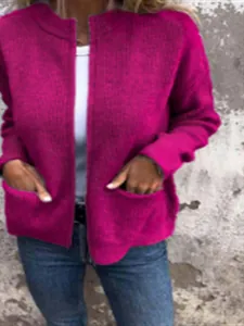 Lässige fuchsiafarbene Strickjacke in weiter Passform mit Stehkragen und Taschen für Damen