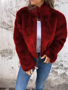Cozy wine red faux fur jacket with high collar and silver zipper for autumn winter