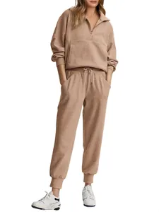 Womens casual two-piece ribbed loungewear set with half-zip tops and long pants