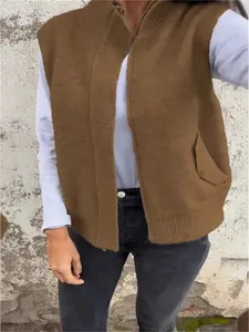Women Casual Knit Vest Stand Collar Full Zipper Sweater Vest Sleeveless Cardigan Loose Pocket Polyester Knit Top