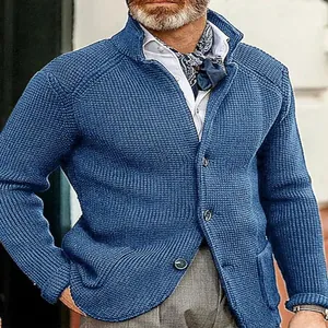 Chaqueta de punto azul casual para hombre con textura de gofre y cierre de botones