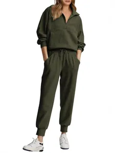 Women's olive green ribbed half-zip sweatshirt and drawstring pants lounge set