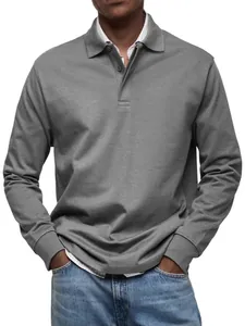 Premium heren poloshirt met lange mouwen en klassieke knoopsluiting in grijs gemêleerd