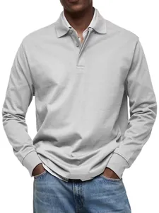 Casual grijs herenpoloshirt met lange mouwen, knoopsluiting en geribbelde manchetten.