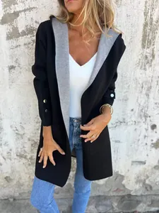 Modern casual black and grey color-block hooded cardigan sweater for women in spring