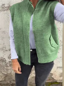 Women's casual green knitted zip-up sweater vest featuring a stand collar and side pockets