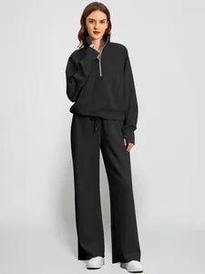 Women Solid Color Half Zipper Sweatshirt And Wide Leg Pants Top And Bottom Casual Sports Pullover Trousers Loungewear Jogger Set