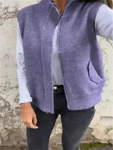 Loose fit women's autumn purple knitted vest featuring stand collar and zipper front
