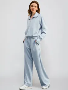 Women's chic light blue 2-piece lounge set with half-zip sweatshirt and wide-leg sweatpants