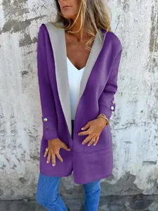Detailed look at women's purple color-block hooded cardigan sweater for leisure spring wear