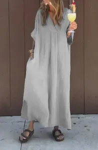 Washed cotton casual V-neck maxi dress for women in a loose grey aesthetic style