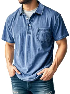 Detail view of washed denim-blue polo shirt with buttoned collar and chest pocket