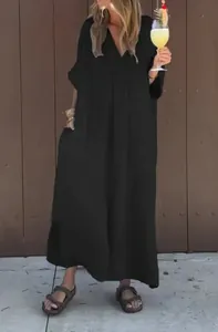Casual black cotton V-neck maxi dress with pockets for women, holiday beach style