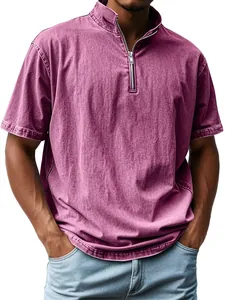 Detail view of vintage men's short sleeve shirt in purple denim-like fabric with quarter-zip.