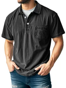 Close-up of men's charcoal grey polo shirt featuring a chest pocket and soft cotton texture