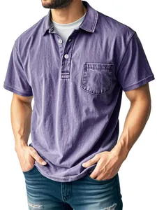 Detailed view of men's casual washed purple polo shirt with front pocket and buttons