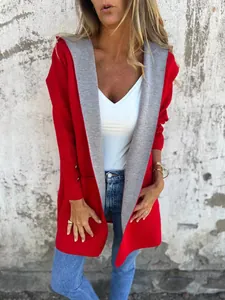 Casual red and grey color-block hooded cardigan for women, perfect for 2025 spring style.
