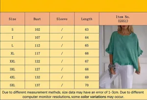 Detailed size chart for women's short sleeve cotton linen loose fit solid color shirt