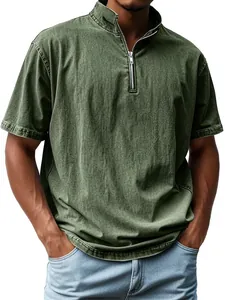 Vintage green men's zip-up polo shirt with denim-look washed fabric texture