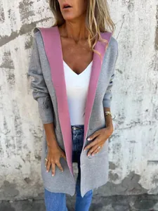 Casual women's gray and pink color-block hooded cardigan sweater for spring style.