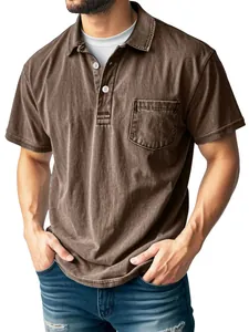 Casual men's brown short sleeve polo shirt with chest pocket and washed vintage texture