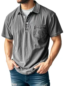Detailed view of men's vintage grey acid-washed polo shirt showing fabric texture