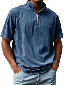 Close-up of men's blue washed denim-like t-shirt with stand-up collar and silver zipper