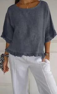 Chemisier femme en coton et lin à manches courtes avec volants et coupe décontractée