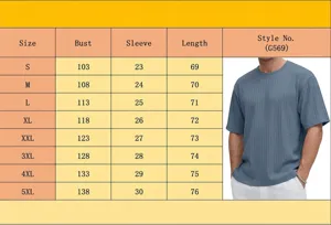 Gedetailleerde maattabel voor casual heren T-shirt met ronde hals en textuur in gebreid