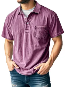 Detail of a men's vintage purple polo shirt featuring a front pocket and buttoned collar