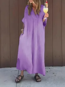 Women's Casual V-Neck Short Sleeve Maxi Dress Polyester Spandex Solid Color Split Hem Loose Dress For Daily Vacation