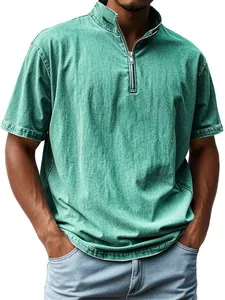 Men's retro green faux denim t-shirt featuring a stand collar and functional quarter-zip.