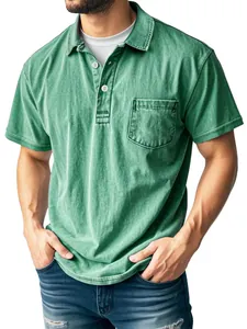 Close-up detail of a green acid-washed men's polo shirt with button collar and chest pocket