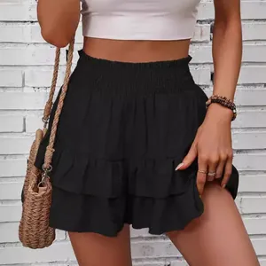 Fashionable black high-waisted ruffled wide-leg skort for summer casual leisure wear.