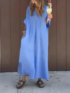European style washed cotton casual V-neck short sleeve blue maxi dress on woman