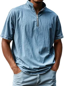 Detailed view of vintage washed denim-style short sleeve shirt with quarter-zip mock neck.