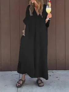 Casual black washed cotton V-neck maxi dress with short sleeves and pockets